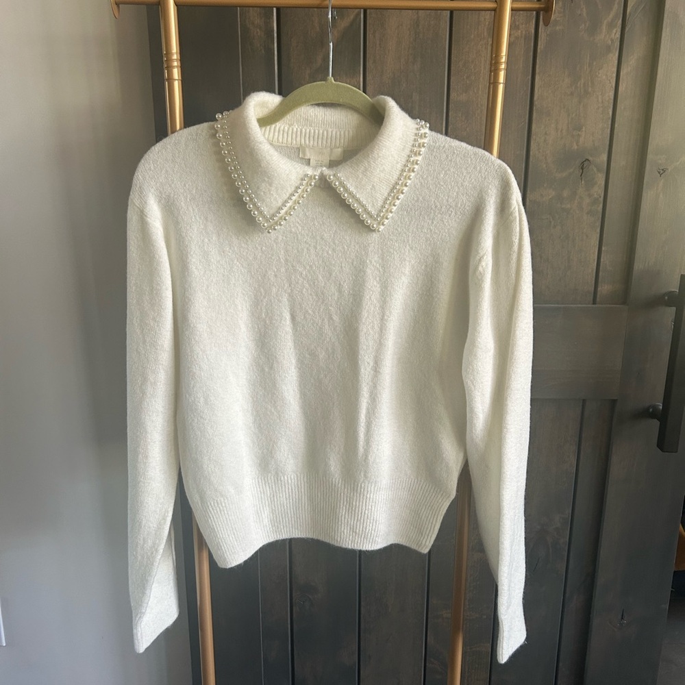 H&M Cream Sweater with Pearl Collar